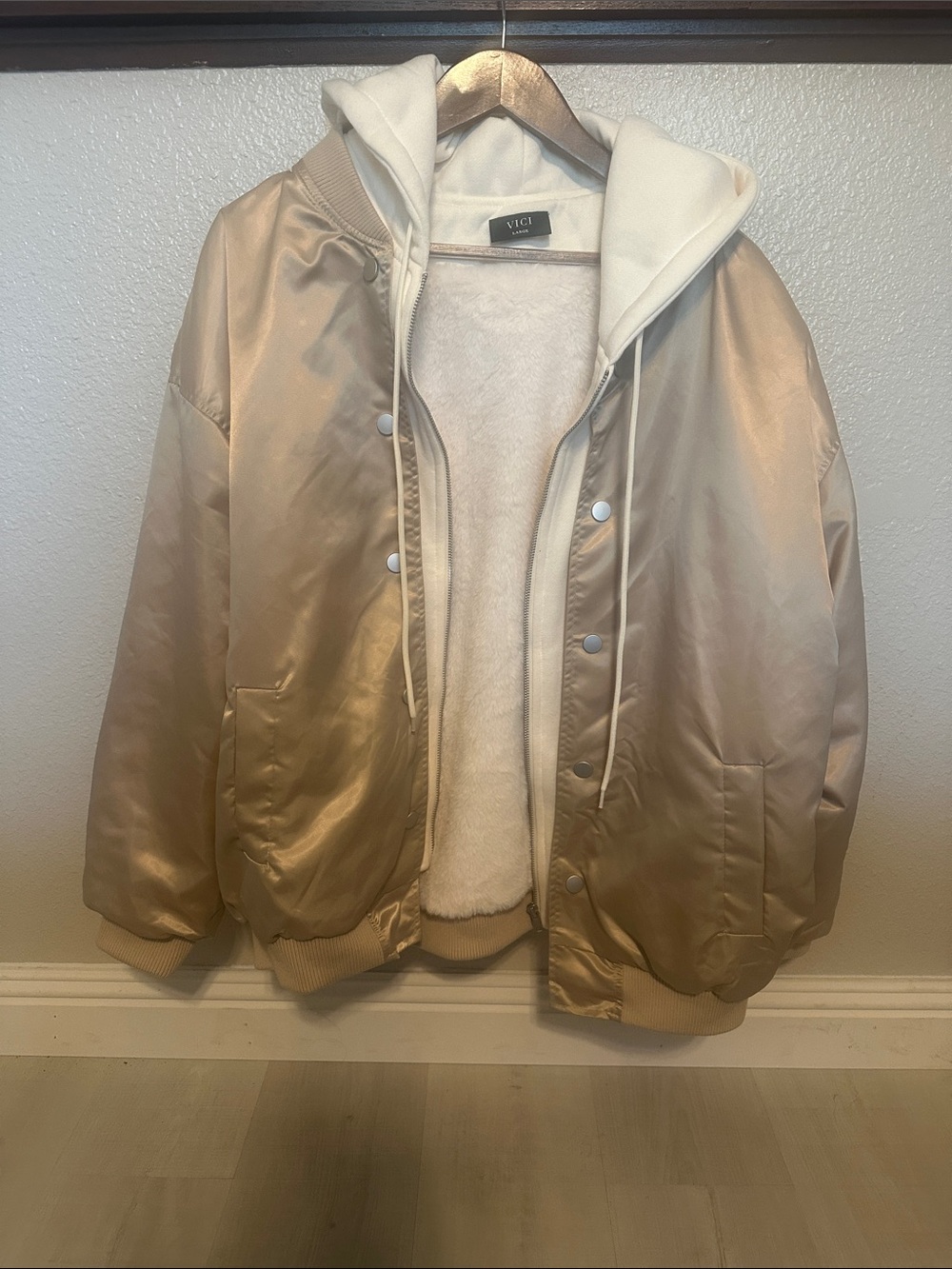 VICI Champagne Satin Bomber with Cream Hood